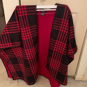 Red and black cap/poncho with leather trim